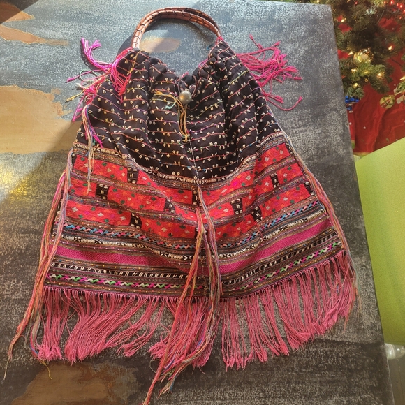 Elliot Mann Oversized Fringe Detail Boho Hippy bag with leather handle - Picture 1 of 14